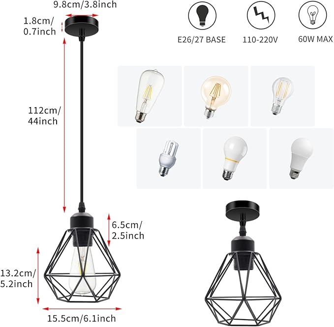jose2015 Farmhouse Cage Pendant Lights Ceiling Hanging Light Fixture Small Pendant Lighting E26 Socket for Kitchen Island Dining Room Bar Cafe,UL Listed, 2Pack