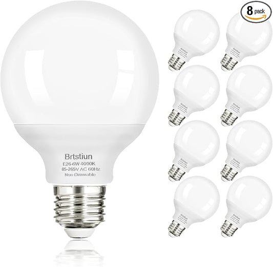 G25 LED Light Bulbs, Round Vanity Light Bulbs for Bathroom, 40W Equivalent, Cool White 4000K, E26 Base Globe Light Bulb, 600LM, Non-Dimmable, 8-Pack
