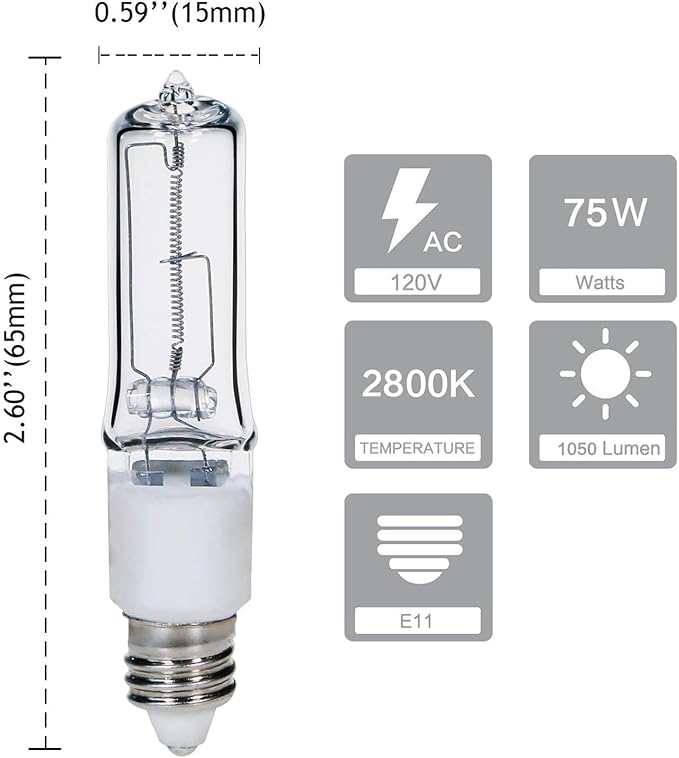 JDE11 75W Halogen Bulb, E11 Mini Candelabra Base, 1050 Lumens, Quartz Glass, 4-Pack