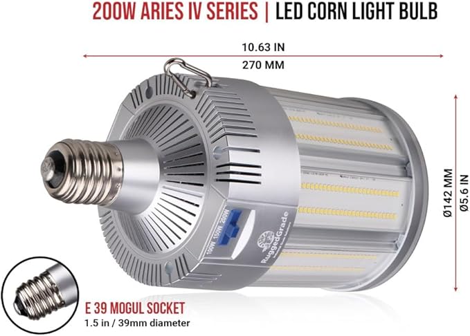 RuggedGrade Aries IV 200W LED Corn Bulb | 29,000 Lumens | 5000K Bright White | 277-480V | E39 Mogul Base | High Lumen Industrial Retrofit Lamp | DLC 5.1 Premium