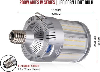 RuggedGrade Aries IV 200W LED Corn Bulb | 29,000 Lumens | 5000K Bright White | 277-480V | E39 Mogul Base | High Lumen Industrial Retrofit Lamp | DLC 5.1 Premium
