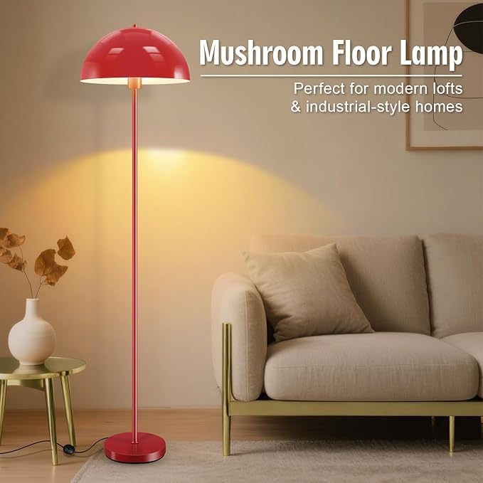 Industrial Floor Lamp, Red Floor Lamp for Living Room, 66Inch Tall Modern Standing Lamp, Stand Up Lamp with Metal Dome Shade, Mid Century Corner Reading Lamp for Bedroom Office Nursery Room, NO BULB