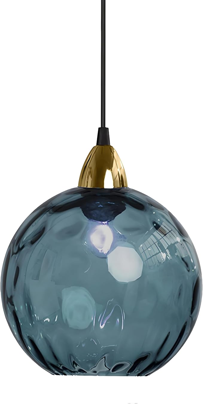 15cm/5.9’’ Industrial Vintage Spherical Glass Pendant Light, E26 Ceiling Hanging Lamp, Gold Finish & Ripple Glass Globe Shade, Dining Room Bedroom Chandelier (Dark Blue)