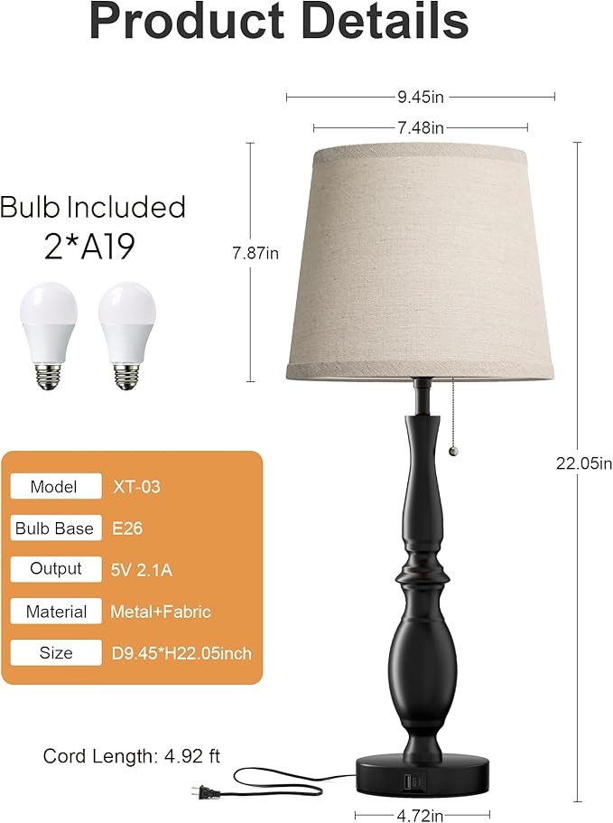 EppieBasic Farmhouse Lamps for Living Room Set of 2: Rustic Lamp 22'' for Night Stands, Vintage Table Lamp with USB C+A Charging Ports, Bedroom Lamps with Round Fabric Linen Lampshade, 3-Way Dimmable