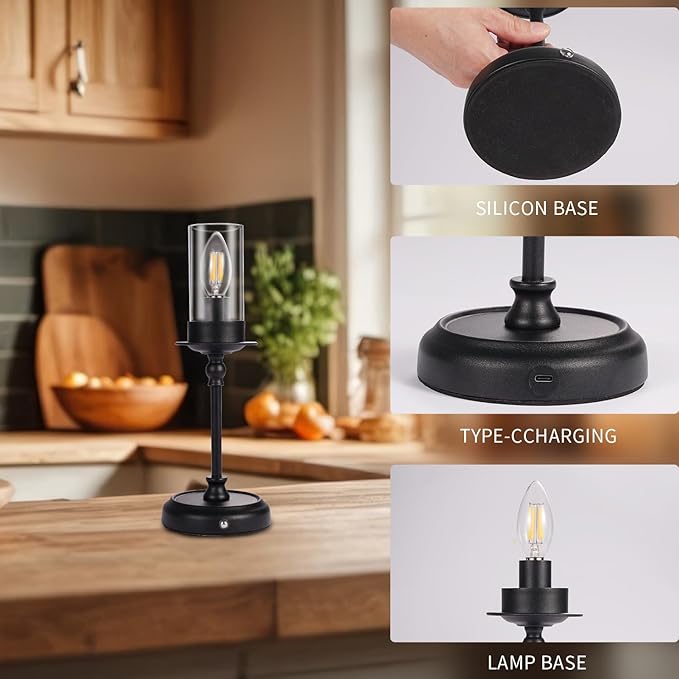 Vintage LED Candle Table Lamp: Cordless with Built-in Rechargeable Battery, Touch Control, Retro Decor Ambient Light for Restaurant, Patio, Bedroom, Desk & Bedside Night Lamps