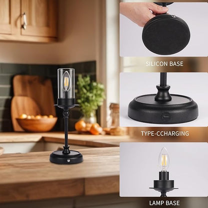 Vintage LED Candle Table Lamp: Cordless with Built-in Rechargeable Battery, Touch Control, Retro Decor Ambient Light for Restaurant, Patio, Bedroom, Desk & Bedside Night Lamps