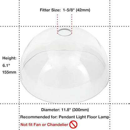 Bowl Glass Lamp Shade Replacement, 1-5/8 inch Fitter, 11.8" Diameter, 6.1" Height, Clear Glass Globe Cover