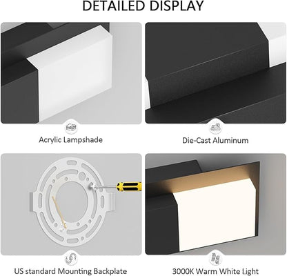 12.4 inches Outdoor Led Wall Light, 30W 3000K Hardwired Porch & Patio Aluminum Sconces with Frosted Acrylic Lampshade,IP65 Waterproof Exterior Wall Lamp for Garage,Front Door(Black,2Pack)