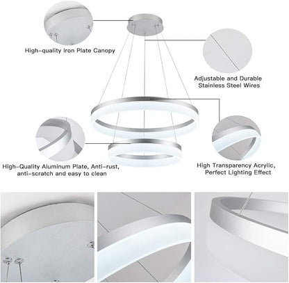 LED Silver Chandeliers Modern Pendant Light, 2 Rings Dimmable Chandelier Lighting Fixture for Living Room Bedroom Kitchen Island Resturant Dining Room 6000K Cool White