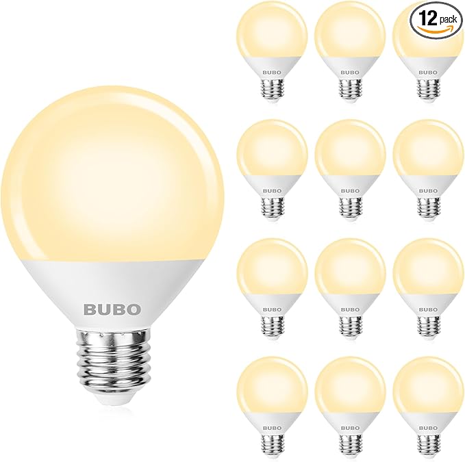 BUBO Vanity Light Bulbs for Bathroom Over Mirror, 60 Watt Equivalent, Soft White 2700K, G25 Globe Light Bulb 800 Lumens, Round Bulb with E26 Medium Base, 7W, Non-Dimmable, 12 Pack
