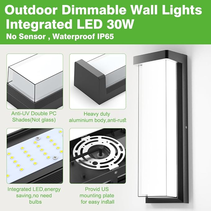 Sytmhoe LED Outdoor Wall Light Fixture,16in Dimmable Modern Porch&Patio Wall Light Fixture,6000K Black Exterior Sconce Light Mounted for House Garage Porch Courtyard(2Packs)