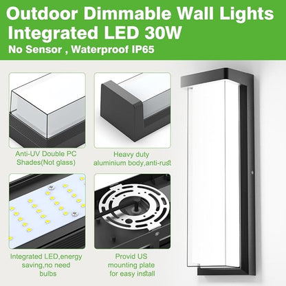 Sytmhoe LED Outdoor Wall Light Fixture,16in Dimmable Modern Porch&Patio Wall Light Fixture,6000K Black Exterior Sconce Light Mounted for House Garage Porch Courtyard(2Packs)