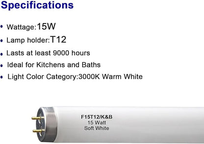 4 Pack F15T12/K&B Soft White 15W T12 Linear Fluorescent Bulb,Replacement for GE10185 Philips 141465 F15T12/WW,G13 Medium 2-Pin Base 18 Inches