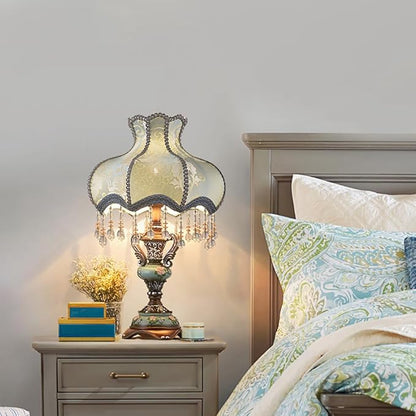 Lovely Table Lamp with Fabric Lampshade, Antique Flower Decorative Bedside Desk Lamp, Crystal Night Light for Bedroom Nightstand, Blue Finish