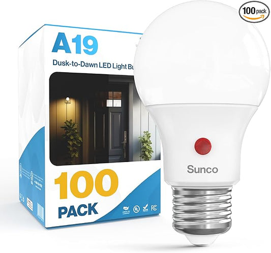 Sunco 100 Pack Dusk to Dawn LED Outdoor Light Bulb A19, Photocell Automatic for Exterior Lighting, 800 LM, 9W (60W Eqv.), 4000K Cool White, Auto On/Off Sensor, IP65 Rated UL.