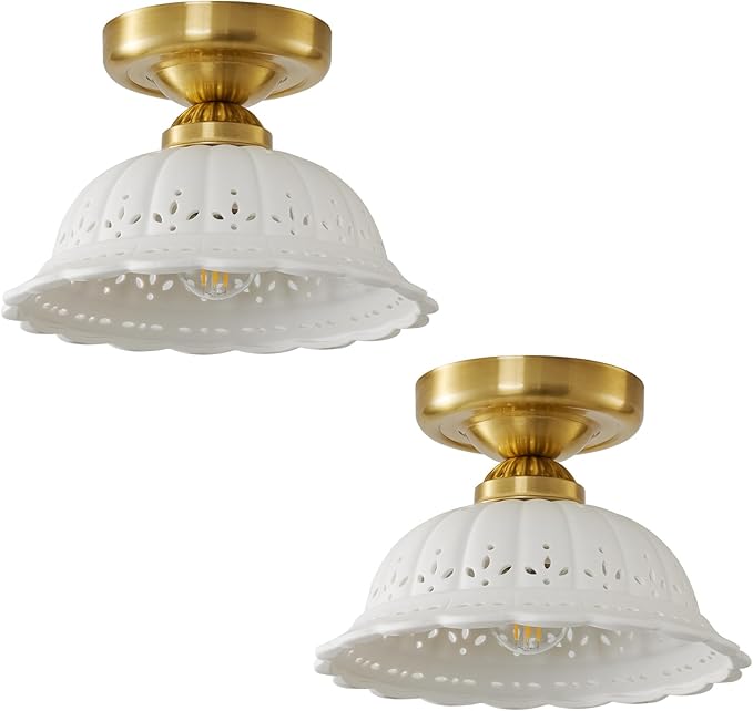 Vintage Ceramic Semi Flush Mount Ceiling Light - 2 Pack, Gold Hallway Light Fixture, Mid Century Small Close to Ceiling Lamp，Unique Flush Lighting Fixtures for Entryway Laundry Room Kitchen Cottage