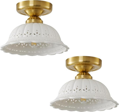 Vintage Ceramic Semi Flush Mount Ceiling Light - 2 Pack, Gold Hallway Light Fixture, Mid Century Small Close to Ceiling Lamp，Unique Flush Lighting Fixtures for Entryway Laundry Room Kitchen Cottage