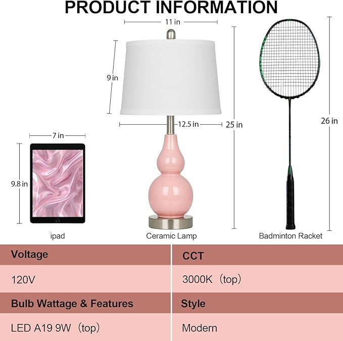 Pink Ceramic Lamps Set of 2, 25" Modern Double Gourd Ceramic Table Lamps for Living Room, Cute Bedside Nightstand Lamps with Fabric Shade for Bedroom End Table Home Office Girls Room(2 Bulbs Included)