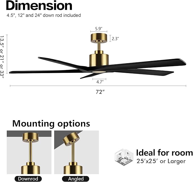 WINGBO 72" DC Ceiling Fan No Light with 3 Downrods, 5 Carved Solid Wood Blades, 6-Speed Reversible DC Motor, Black Large Ceiling Fan without Lights in Brass Finish, ETL Listed