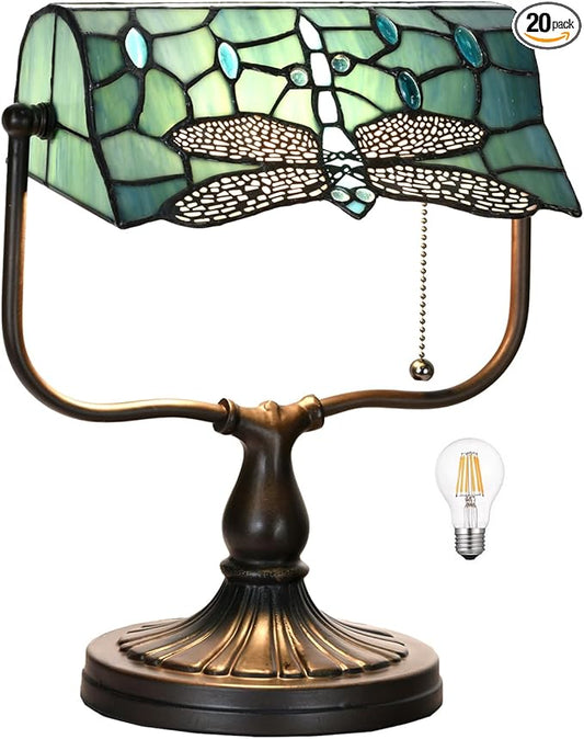 TL0030 Dragonfly Tiffany Banker Desk Lamp Stained Glass Green Shade with Vintage Bronze Base W10.25 X OH13 Inches, Art Nouveau Lamp for Home Office,LED Bulb Included (Dragonfly)