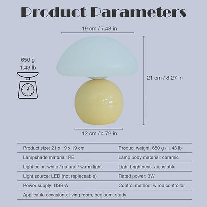 Cute Small Mushroom Lamp, PE Lampshade, Ceramic Spherical Base, Adjustable Light Color and Brightness, Safe USB Powered, Energy-Saving LED Mushroom Light for Bedroom Living Room (Cream)