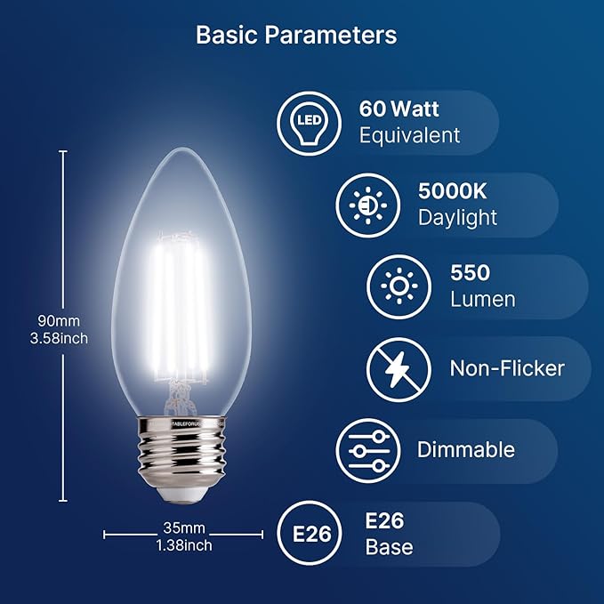 FLSNT B11 E26 LED Chandelier Light Bulbs, 60W Equivalent, 5000K Daylight Dimmable LED Candelabra Bulbs, 550LM, 48Pack UL,CA65 Listed.