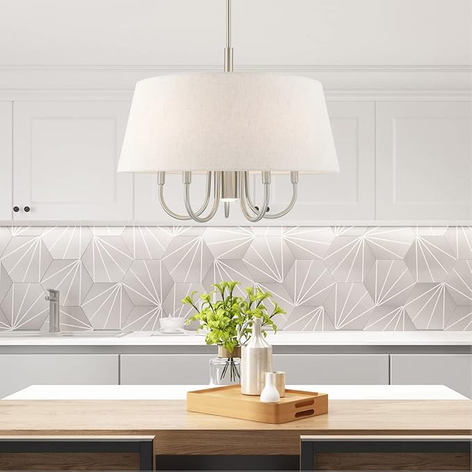 Livex Lighting 50805-91 Belclaire - Six Light Chandelier, Brushed Nickel Finish with Oatmeal Fabric Shade