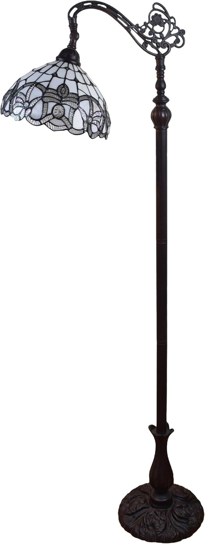 Amora Tiffany Floor Lamp - Arched, Stained Glass 62” - Traditional White Mahogany with Foot Switch Operation and Adjustable Lamp Shade - Custom Handcrafted Floor Lamps for Living Room
