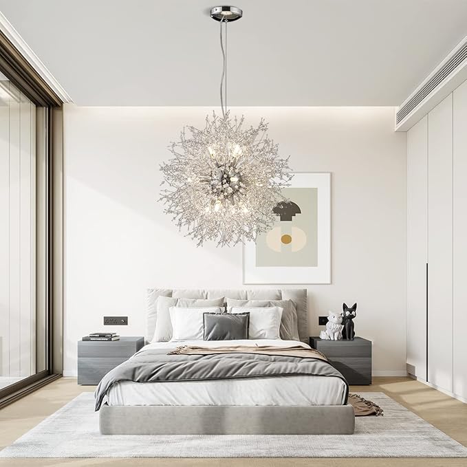 Fireworks Crystal Chandelier, 16-Light Modern Crystal Sputnik Chandeliers, 80W Chrome Dandelion Chandelier Light Fixtures for Living Room Bedroom Dining Room