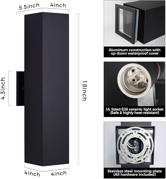 Cerdeco 2 Pack Aluminum Modern Outdoor Wall Light, 18" Exterior Up Down Light Fixtures,Black Front Door Wall Lighting with E26 Sockets [ETL Listed]