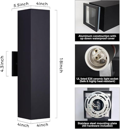 Cerdeco 2 Pack Aluminum Modern Outdoor Wall Light, 18" Exterior Up Down Light Fixtures,Black Front Door Wall Lighting with E26 Sockets [ETL Listed]