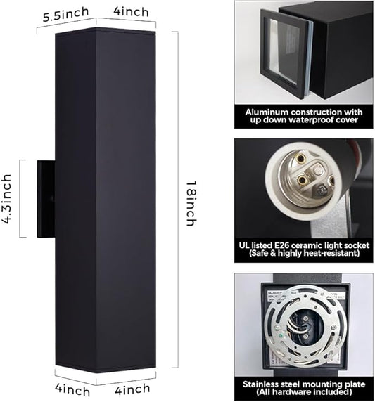 Cerdeco 2 Pack Aluminum Modern Outdoor Wall Light, 18" Exterior Up Down Light Fixtures,Black Front Door Wall Lighting with E26 Sockets [ETL Listed]
