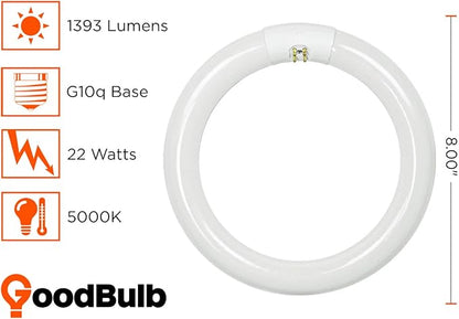 GoodBulb 22-Watt 8 Inch T9 Fluorescent Circline Light Bulb 5000K Daylight White Color G10q Base 1393 Lumens 10000 Life Hours 80 CRI Pack of 12 Bulbs