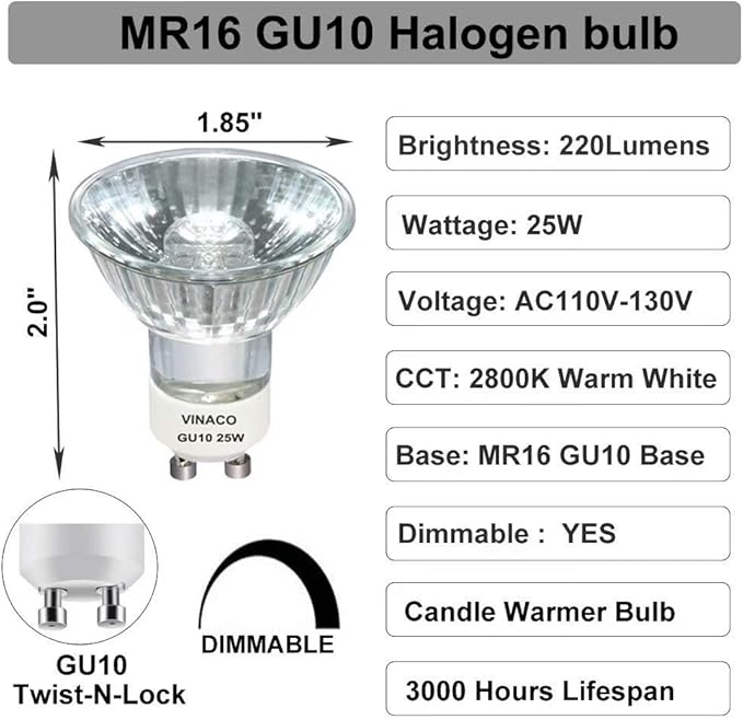 Vinaco GU10 C 120V 25W Bulb Candle Warmer, 6PCS High Output 220LM Halogen GU10 25 Watt Flicker Free, Long Lasting MR16 GU 10 Bulb Dimmable with Warm White 2800K for Candle Warmer Lamp, Track Lighting