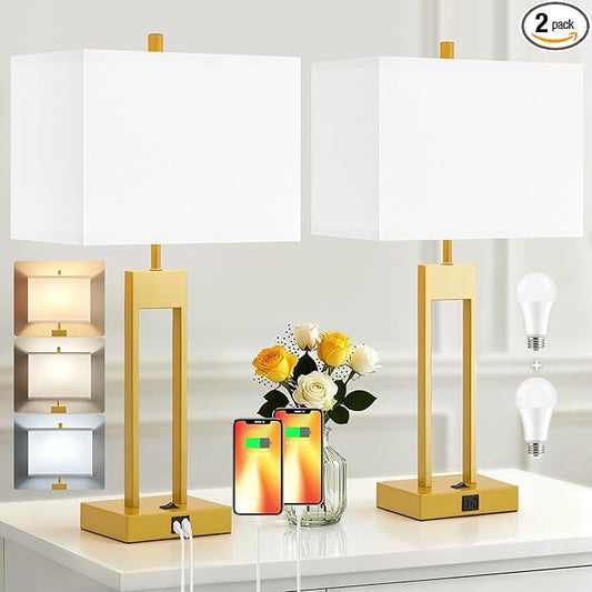 GyroVu 25.5" Nightstand Table Lamps for Bedrooms Set of 2, Bedside Lamp with USB C+A, Colors Changeable Living Room Lamp, Modern Night Stand Lamps for Bed Side Guest Room Reading, Gold+White Shade