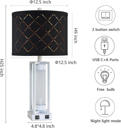 RORIANO 25" Set of 2 Farmhouse Table Lamps with USB C+A Ports, Rustic Retro Nightstand Lamps with White Night Light, Black Grid Shade, Desk Lamps for Bedroom Bedside, 4 Bulbs Included