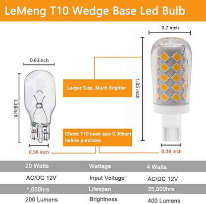 4W T10 Wedge Base RV 921 LED Light Bulb12VAC/DC Landscape Malibu,Automotive Car RV Camper Trailer Motorhome Marine Boat Dome Lighting 6000K daylight white-Pack of 5