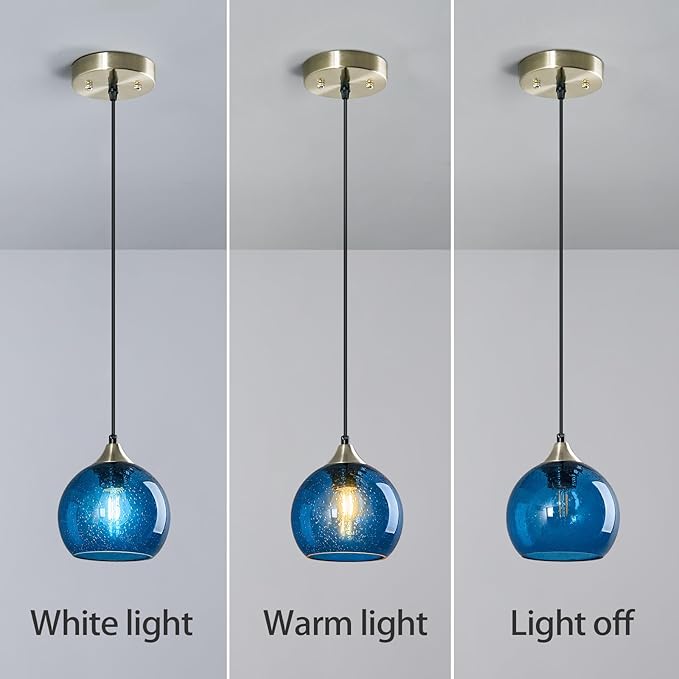 Blue Glass Pendant Lights Kitchen Island Lighting Globe Pendant Light Fixtures Modern Lighting for Kitchen Island Bedroom Living Dining Room (5.9in, 2-Pack)