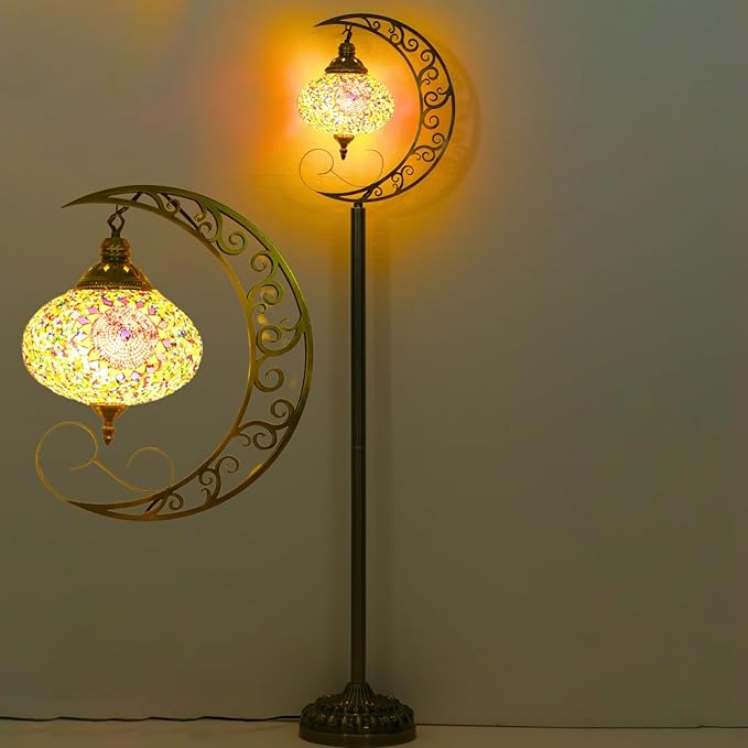 3D Crescent Moon Turkish Floor Lamp - 60 Inch Boho Lamp, 8 Inch Stained Glass Shade, Handmade for Living Room, Bulb Included (Multicolor,YUELFL-02)