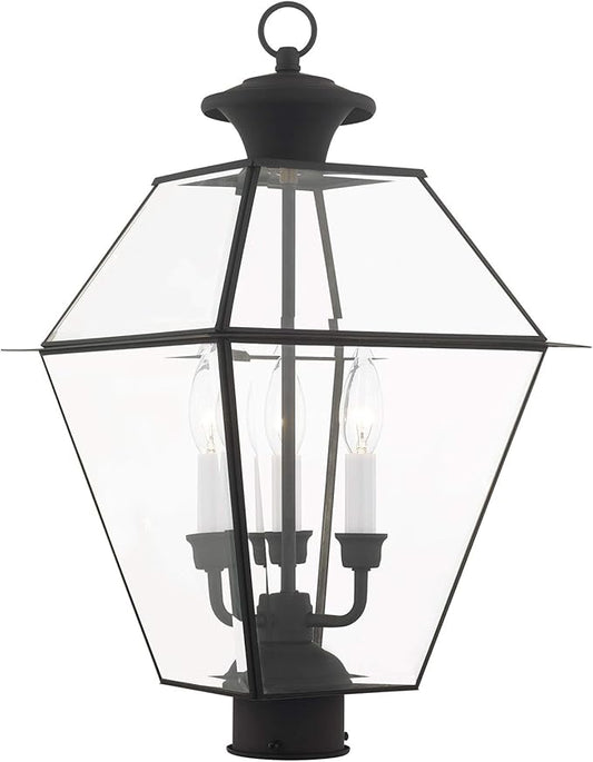 Livex Lighting 2384-04 Westover 3 Light Outdoor Black Finish Solid Brass Wall Lantern with Clear Beveled Glass, 22" x 12" x 22"