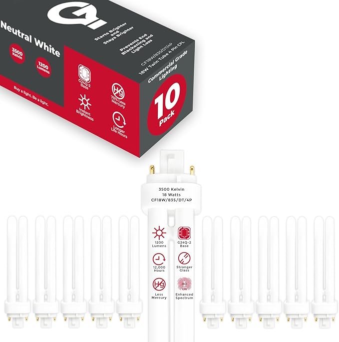 GoodBulb 18 Watt CFL Light Bulbs 4 Pin G24Q-2 Base 3500K Neutral White 18W High Output 1200 Lumens Double Tube Compact Fluorescent Light Bulbs Plug-in 10 Pack