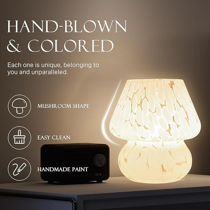Mushroom Lamp Table Lamp for Bedroom,Desk Bedside Small Lamps for Living Room Night Stands,Mushroom Decor Cute Mini Modern Mid Century Lamps,Unique Aesthetic Home Living Room Decor(White-1)