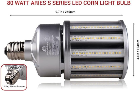 RuggedGrade Aries S Series 80W LED Corn Bulb | 10,400 Lumens | 5000K Bright White | E39 Base | Fanless Design | Built-in 6KV Surge Protection | DLC 5.1 Premium