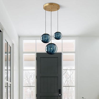 KCO Lighting Mid Century Modern 3-Lights Globe Pendant Light Fixture Brass Gold Cluster Pendant Light Kitchen Island Multi Light Pendant Lighting Ceiling Hanging Blue Glass Hanging Light