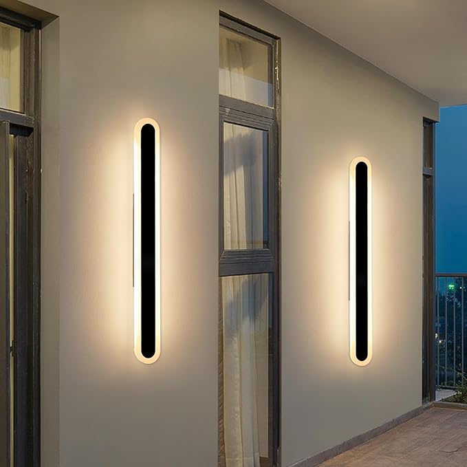 2 Pack Black Modern LED Wall Sconce, 39.3inch Long Oval Outdoor Wall Light, Dimmable 3000K-6000K, IP65 Waterproof, Linear Outside Exterior Lighting for Garage, Patio with Remote Control