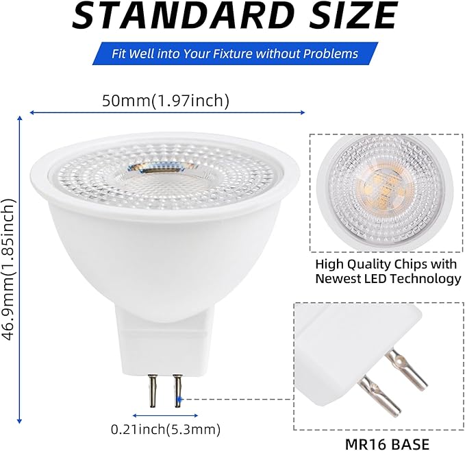 MR16 LED Bulb 50W Halogen Equivalent,2700K Warm White,5W MR16 GU5.3 12-36V AC&DC Spotlight Bulb,38° Beam Angle for Landscape,NO-Dimmable,24pack.