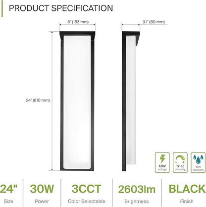ASD LED 24" Outdoor Wall Light, Front Door House Sconce | 3CCT, Dimmable, Waterproof, ETL Listed | 30W 2600LM 3000-5000K 100-277V | Exterior Patio Lighting Fixture, Porch Lamp | Black, 4 Pack