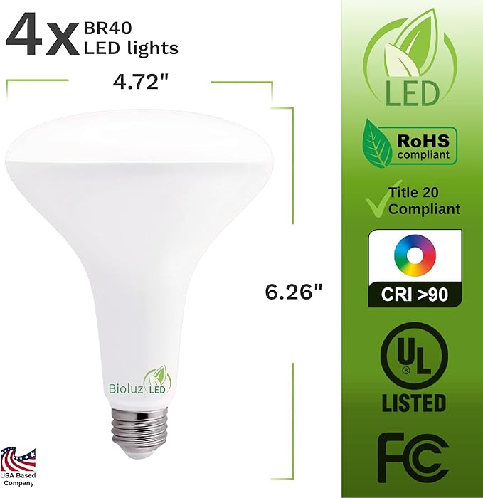 Bioluz 4 Pack LED Light Bulb BR40 Light Bulbs 2700K Warm White 90 CRI Dimmable UL-Listed CEC Title 20 Compliant 1250 Lumen Led Bulbs Outdoor/Indoor Flood Lights | Lightbulb for Outdoor Lighting