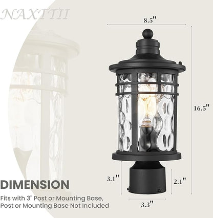 Outdoor Post Lighting Fixtures Pole Lantern Waterproof Aluminum Housing with Water Ripple Glass 16.5 Inch Height Large Size Pillar Light Outdoor for Garden Patio Pathway E26 Socket