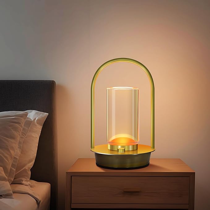 Portable Metal Table Lamp for Outdoor Indoor 3 Colors Cordless Table Lamp Rechargeable Dimmable Battery Powered Small Desk Lamps Crystal Lantern Lamps for Patio Bedroom Restaurant Bar Camping(Gold)